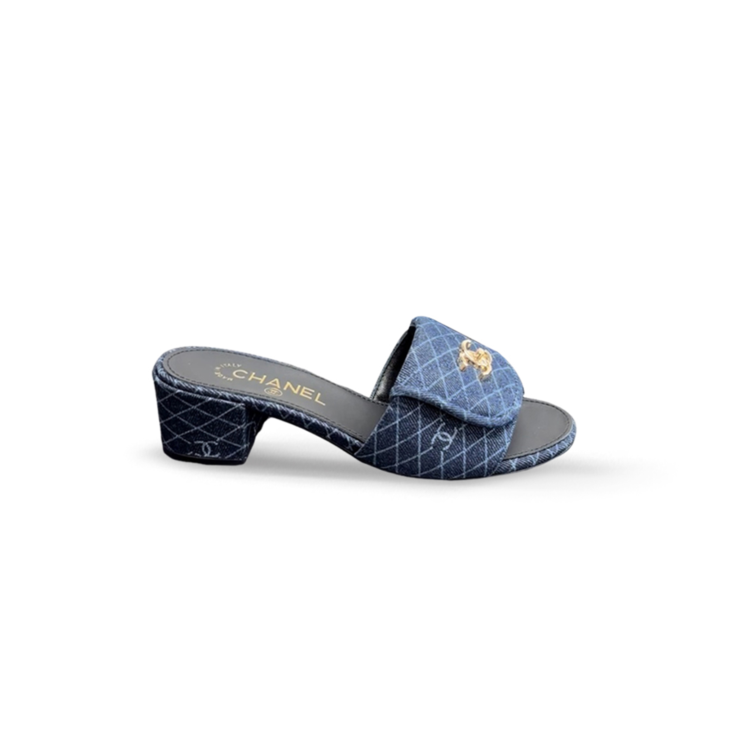 CHANEL DENIM QUILTED TURNLOCK SLIPPERS MULES 